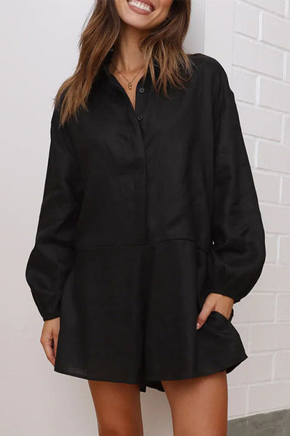 Casual Simplicity Solid Pocket Turndown Collar Loose Rompers Black