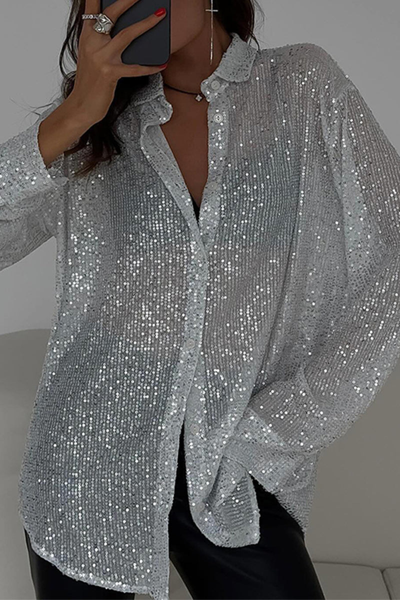 Sexy Solid See-through Sequined Turndown Collar Tops Silver White