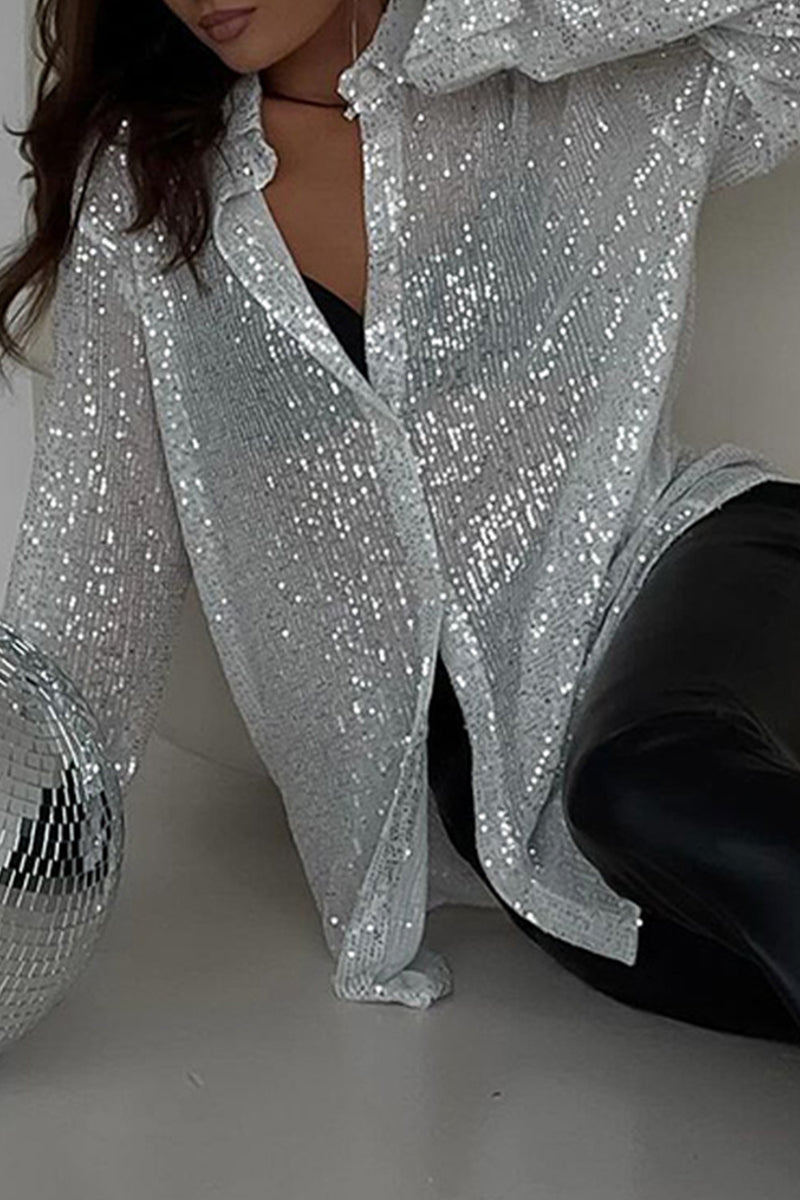 Sexy Solid See-through Sequined Turndown Collar Tops