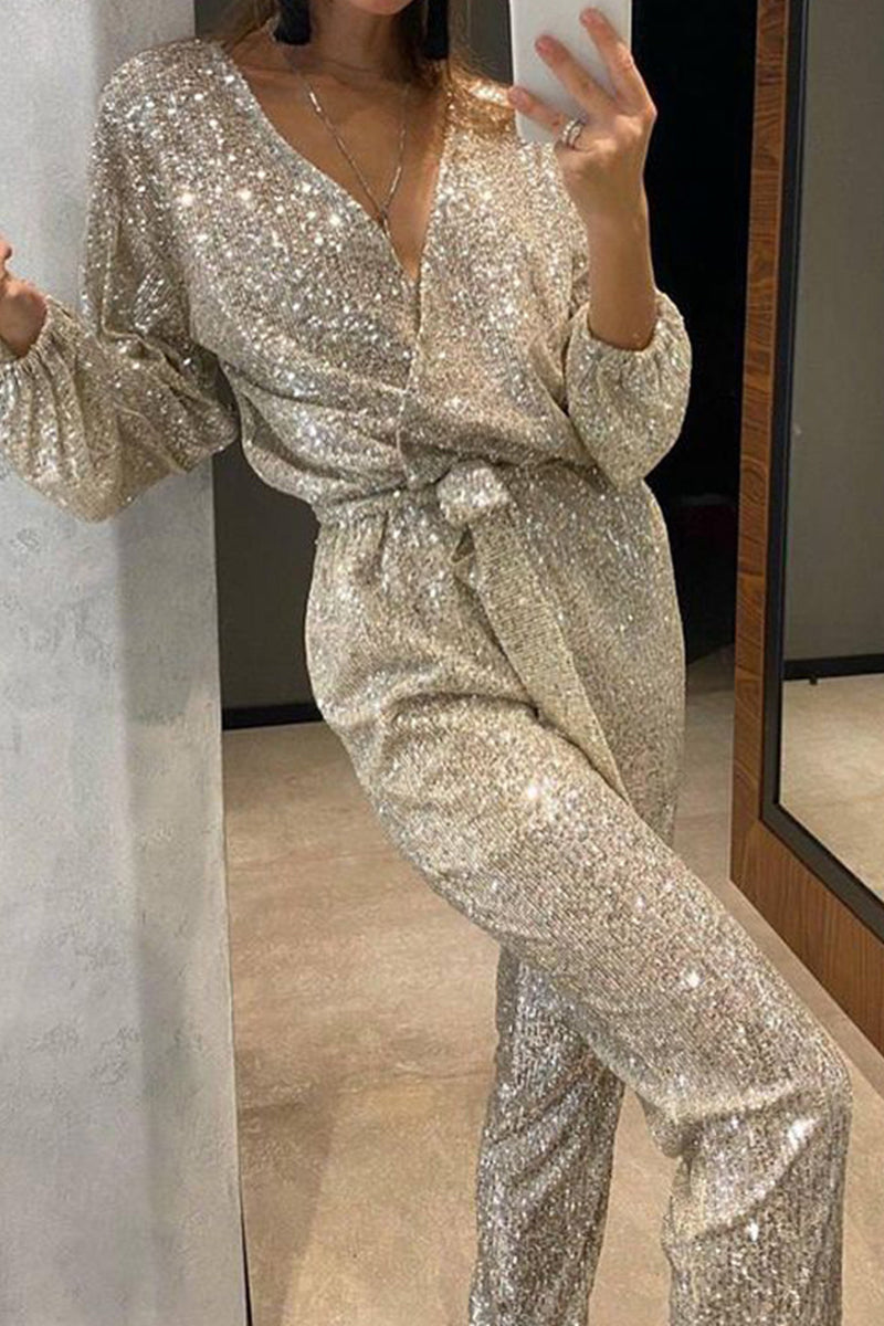 Casual British Style Solid Bandage Sequins Sequined V Neck Regular Jumpsuits Light Gold