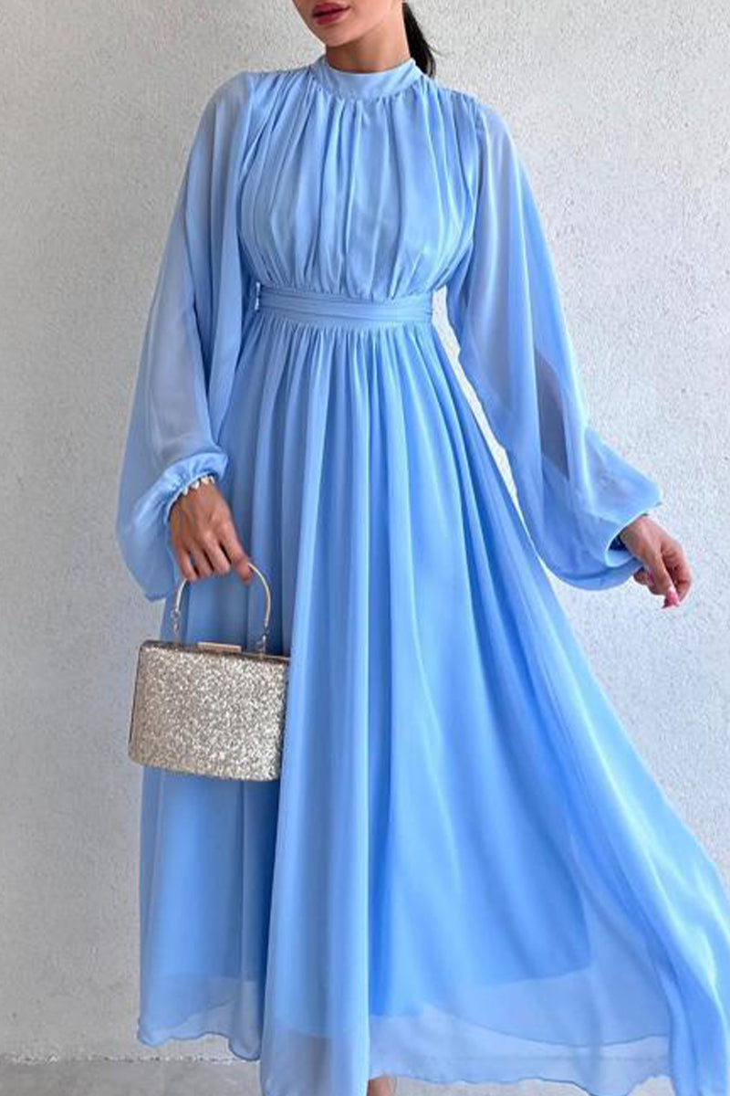 Elegant Solid Fold Half A Turtleneck Dresses Sky Blue