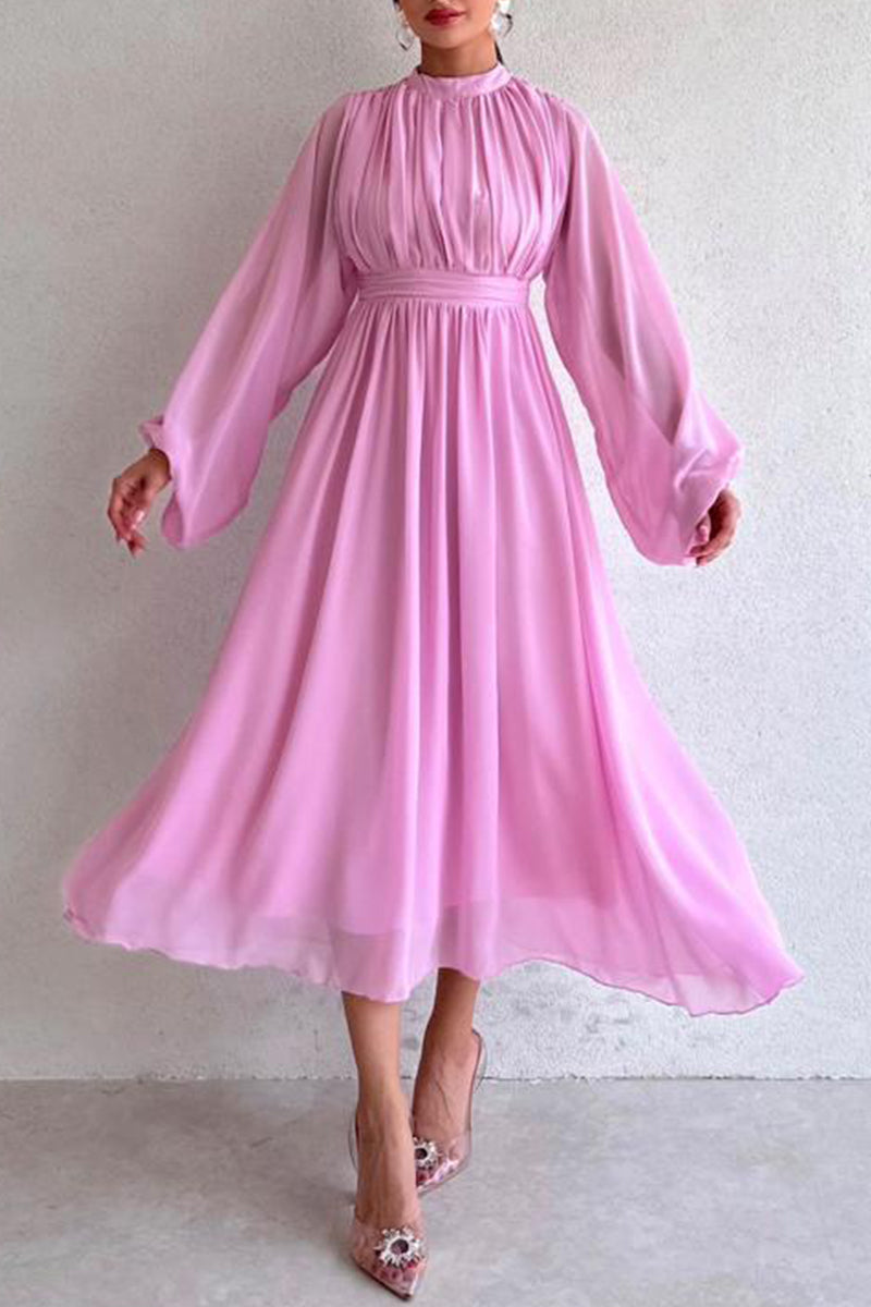 Elegant Solid Fold Half A Turtleneck Dresses Pink