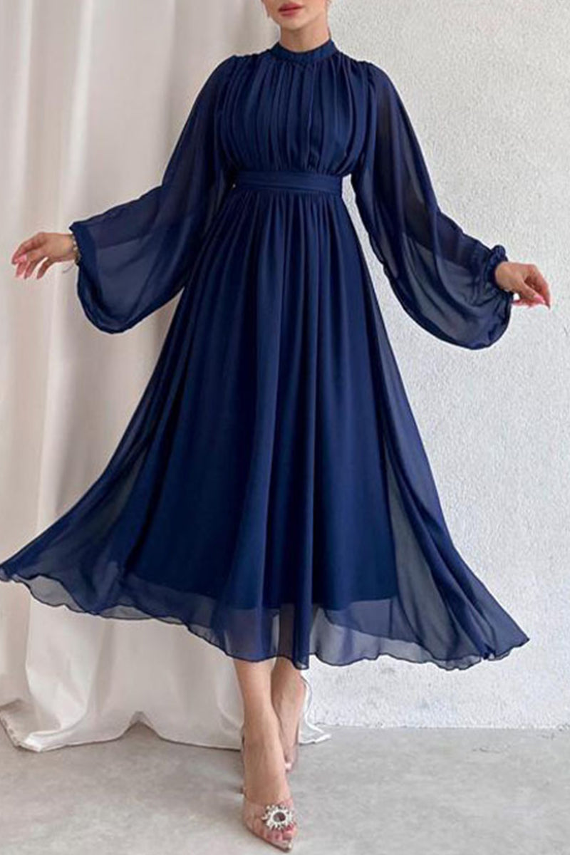 Elegant Solid Fold Half A Turtleneck Dresses Navy Blue