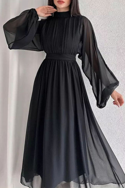 Elegant Solid Fold Half A Turtleneck Dresses Black