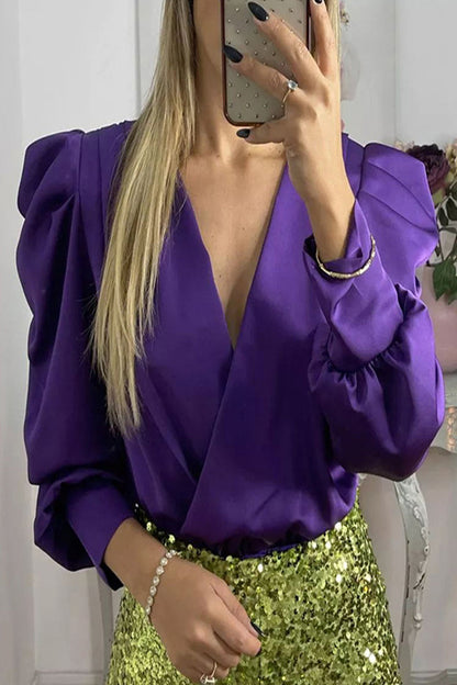 Celebrities Elegant Solid Fold V Neck Tops Dark Purple