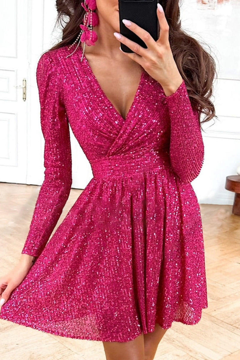 Elegant Solid Sequins Sequined V Neck Long Sleeve Dresses Rose Red