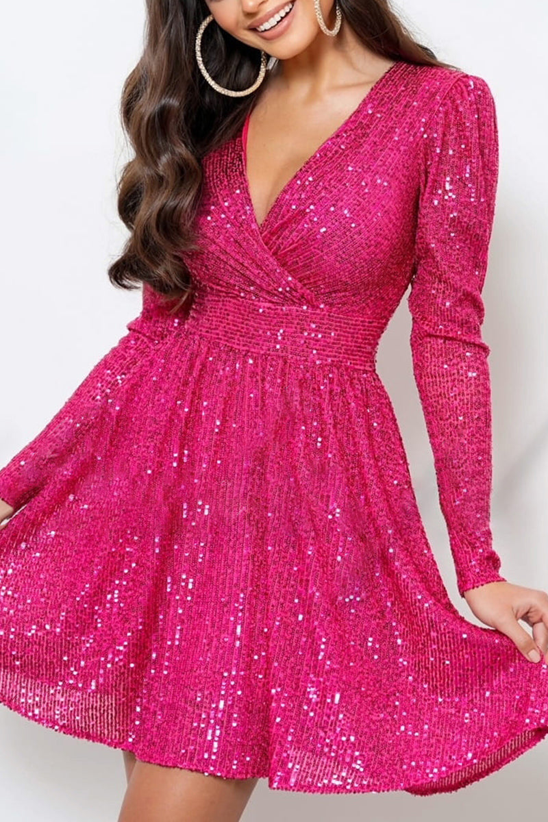 Elegant Solid Sequins Sequined V Neck Long Sleeve Dresses