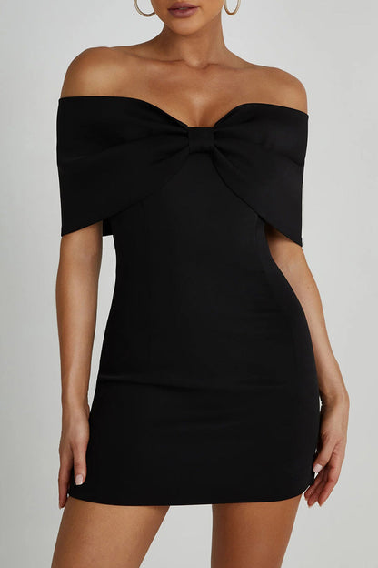 Sexy Celebrities Solid With Bow Off the Shoulder Wrapped Skirt Dresses Black