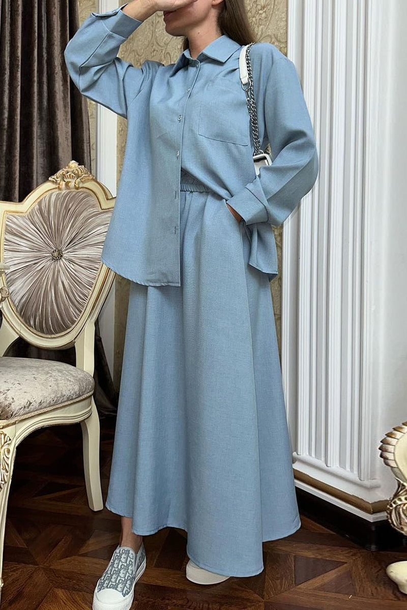 Sweet Elegant Solid Buttons Turndown Collar Long Sleeve Two Pieces