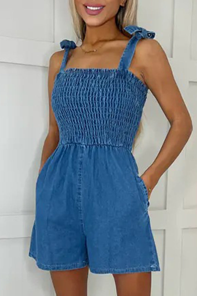 Casual Solid Pocket Square Collar Sleeveless Loose Denim Jumpsuits Blue