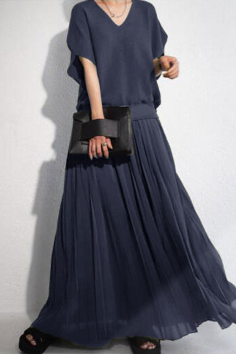 Sweet Elegant Solid Patchwork V Neck Pleated Dresses Blue One Size