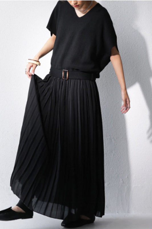 Sweet Elegant Solid Patchwork V Neck Pleated Dresses Black One Size