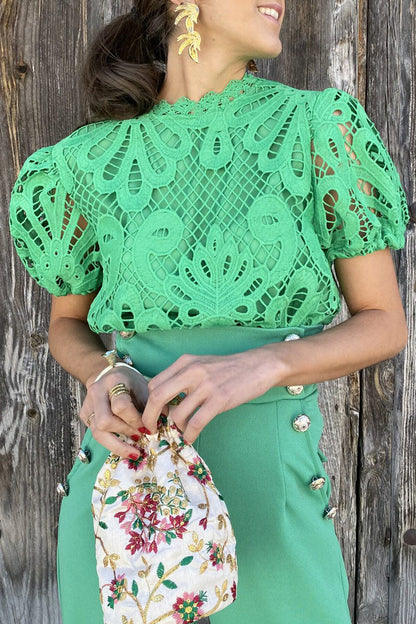 Casual Solid Lace Hollowed Out O Neck Tops Green