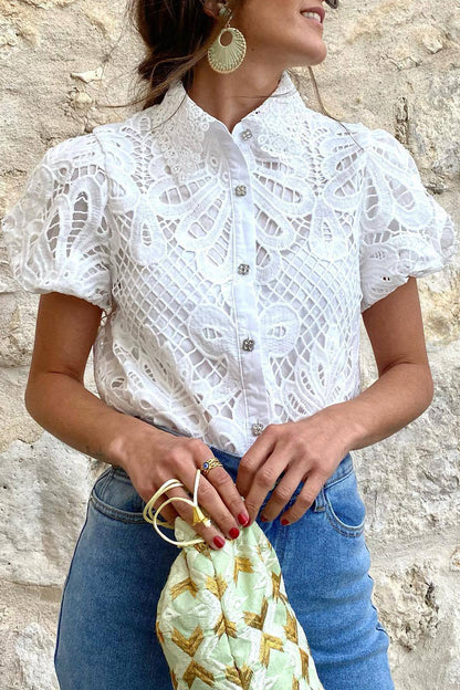 Casual Solid Lace Hollowed Out Turndown Collar Tops White