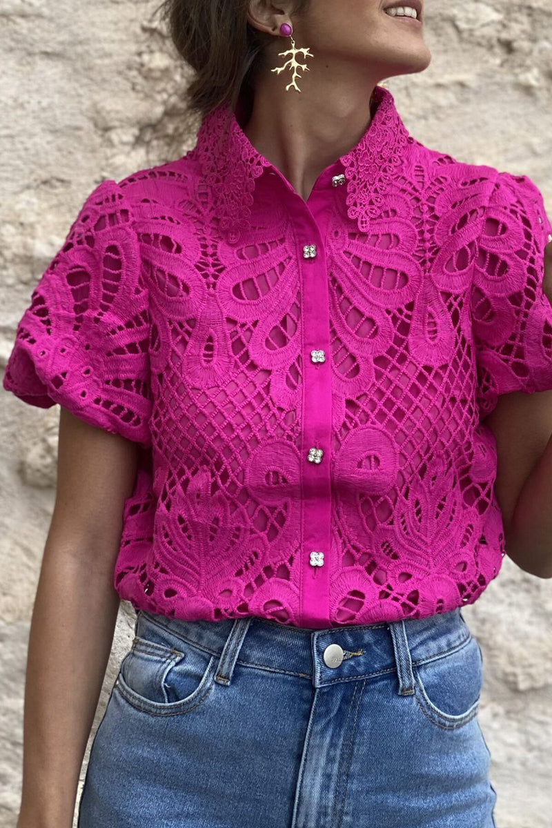 Casual Solid Lace Hollowed Out Turndown Collar Tops