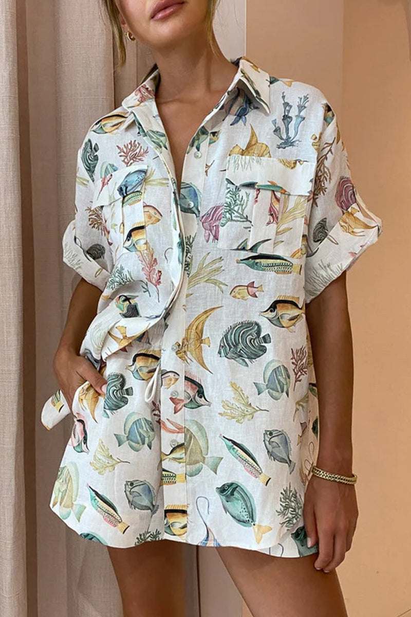 Casual Vacation Print Animal Pocket Turndown Collar Short Sleeve Two Pieces