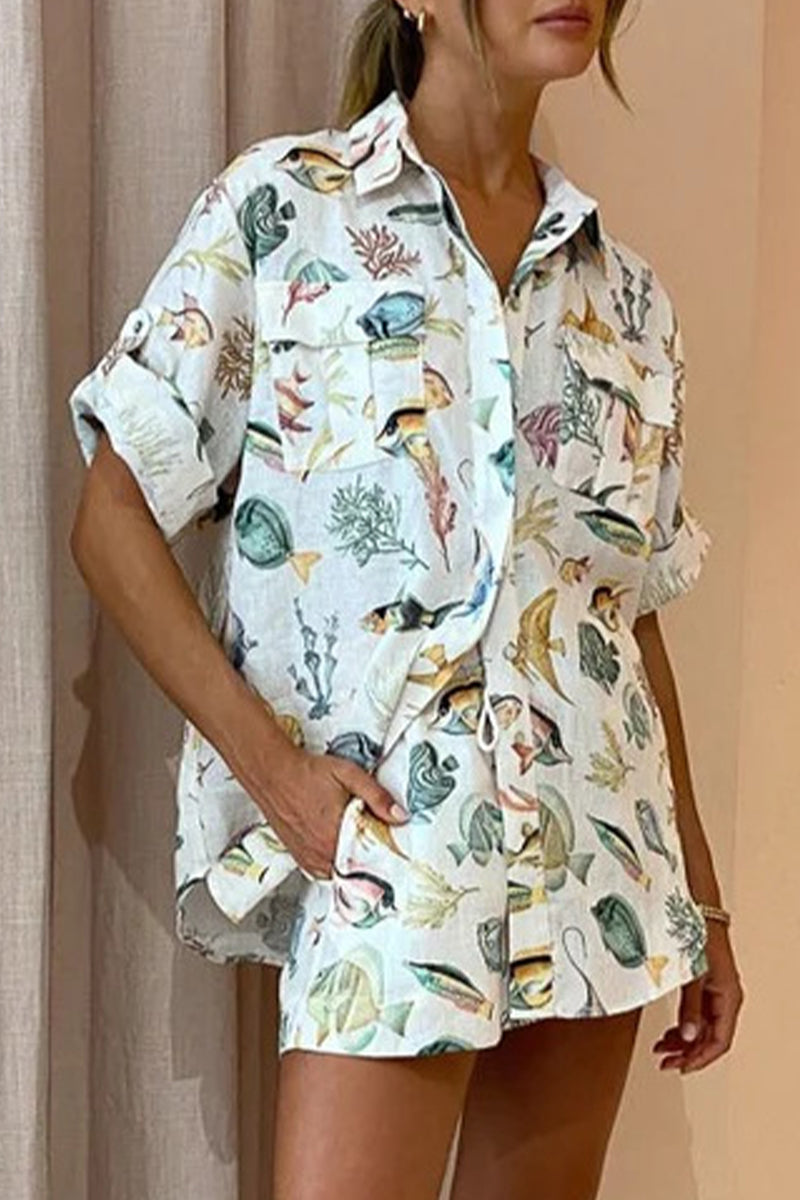 Casual Vacation Print Animal Pocket Turndown Collar Short Sleeve Two Pieces