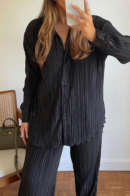 Casual Solid Buttons Fold Turndown Collar Long Sleeve Two Pieces Black