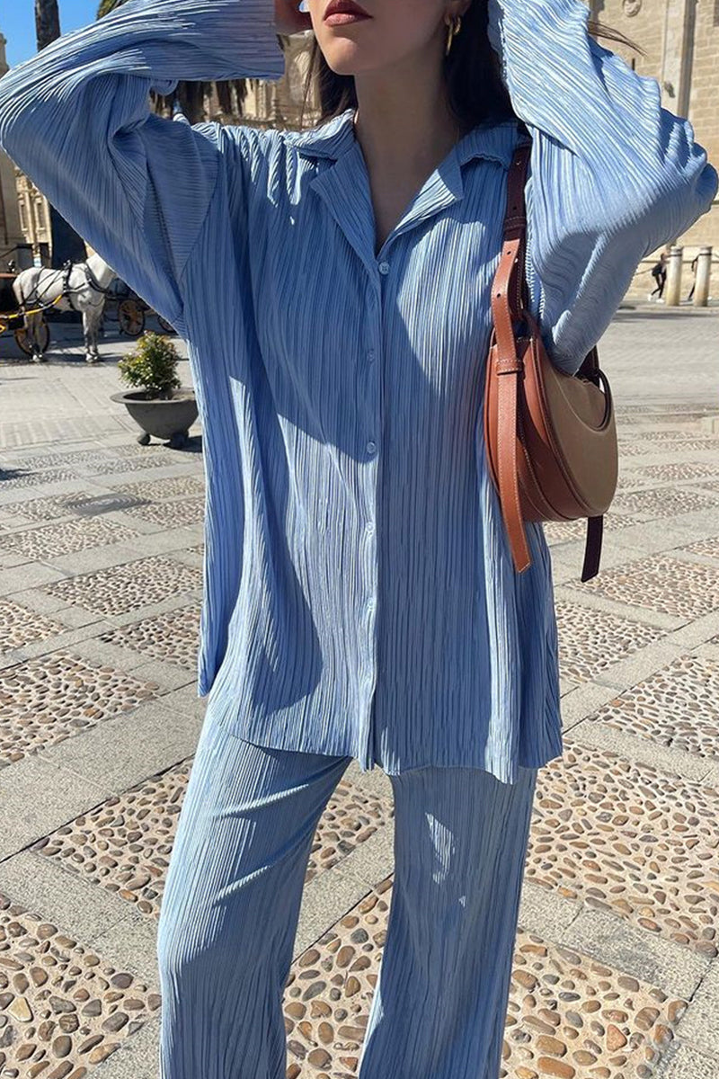 Casual Solid Buttons Fold Turndown Collar Long Sleeve Two Pieces Light Blue