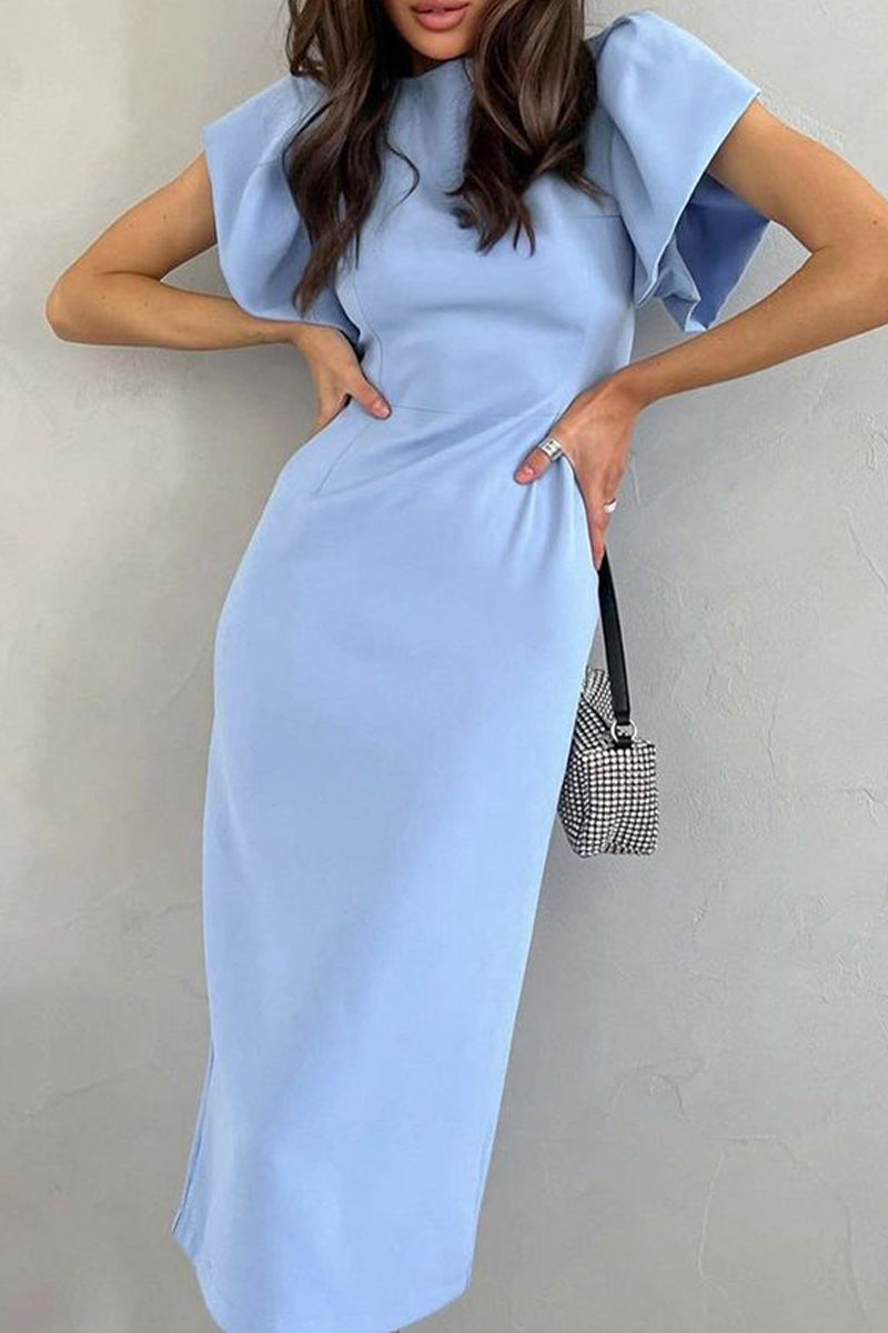 Cute Elegant Solid Flounce Slit O Neck Wrapped Skirt Dresses Sky Blue