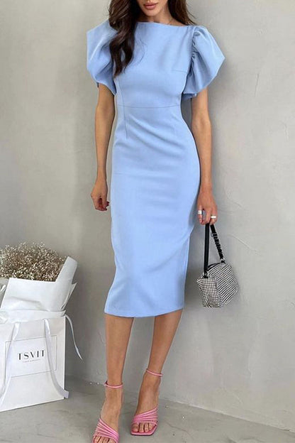 Cute Elegant Solid Flounce Slit O Neck Wrapped Skirt Dresses