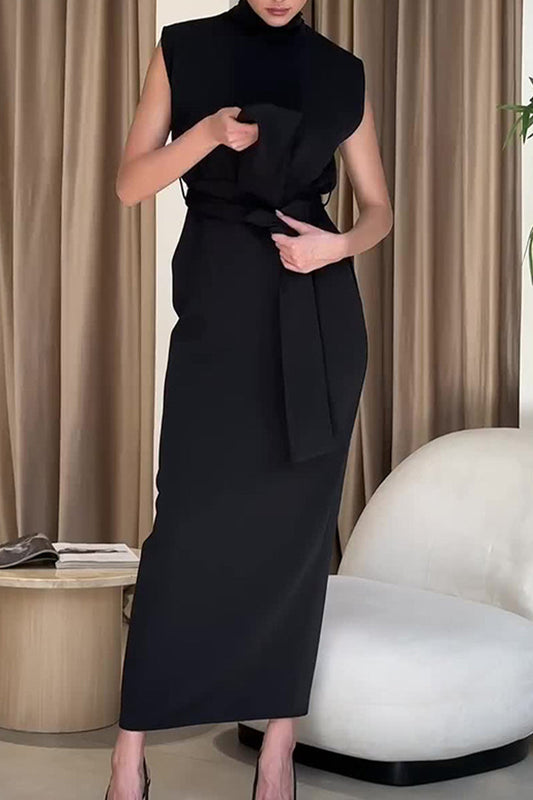 Elegant Solid Slit With Belt Half A Turtleneck One Step Skirt Dresses Black