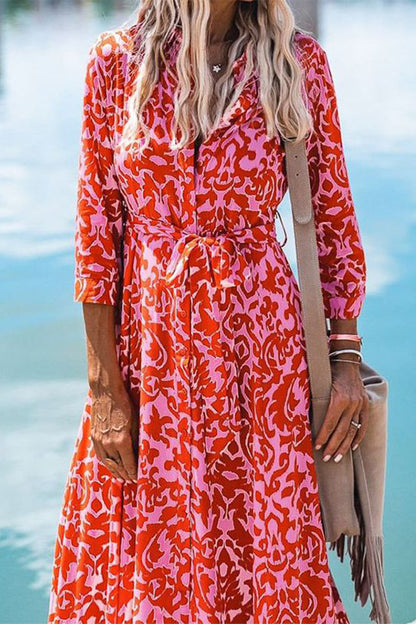 Casual Vacation Floral Frenulum Turndown Collar Shirt Dress Dresses