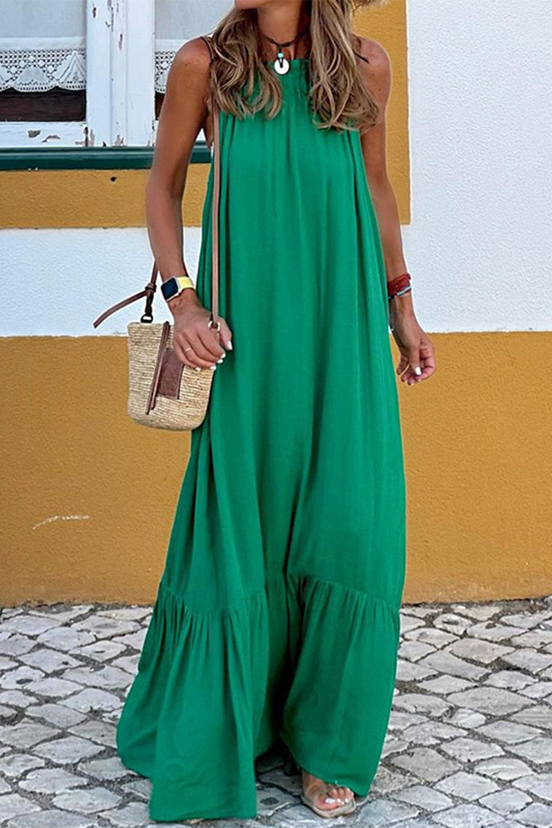 Casual Solid Patchwork O Neck Sleeveless Dress Dresses Green