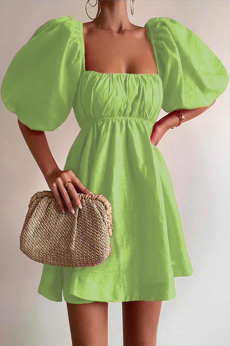 Sexy Solid Fold Square Collar A Line Short Sleeve Dress Light Green