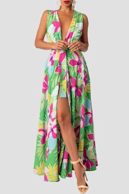 Casual Print Patchwork Slit V Neck Long Dress Dresses