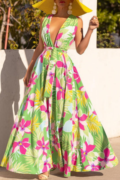 Casual Print Patchwork Slit V Neck Long Dress Dresses Green