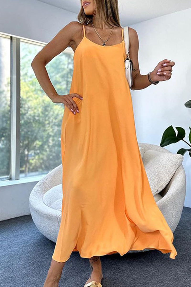 Sexy Solid Backless U Neck Sling Dress Dresses Orange Yellow