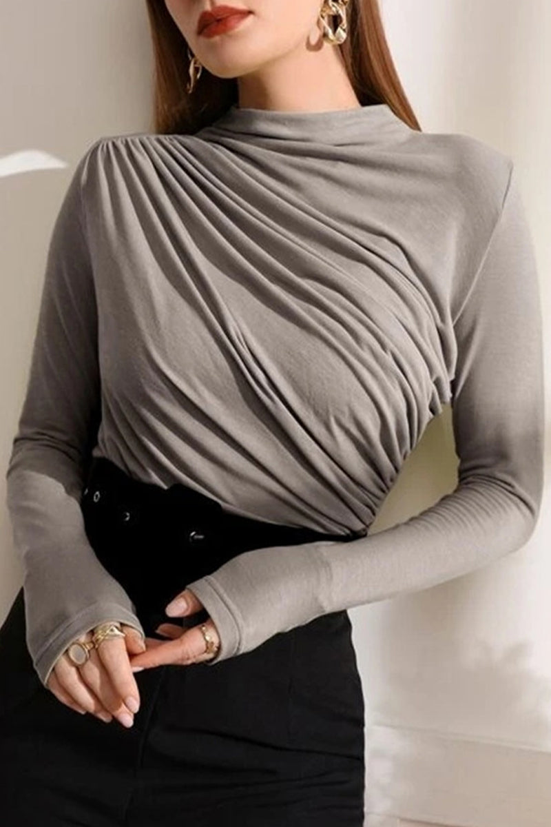 Casual Solid Fold Half A Turtleneck Tops Grey