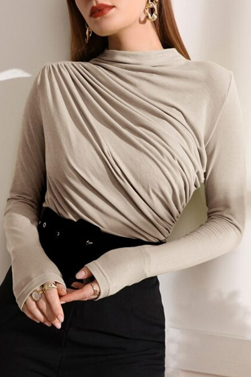 Casual Solid Fold Half A Turtleneck Tops Apricot Yellow