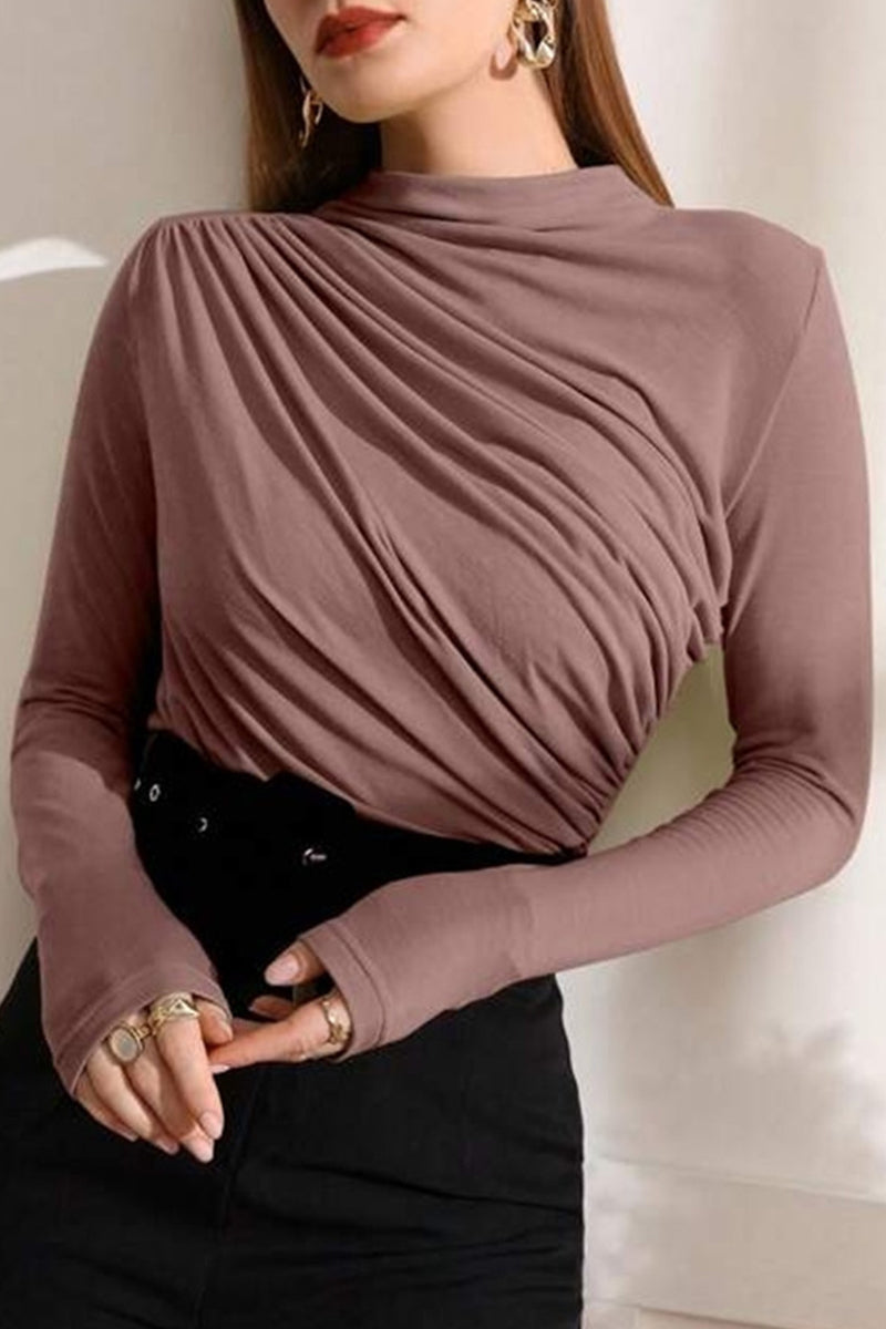 Casual Solid Fold Half A Turtleneck Tops Brown