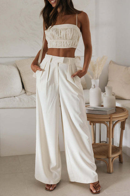 Sexy Solid Pocket Fold Strapless Sleeveless Two Pieces White