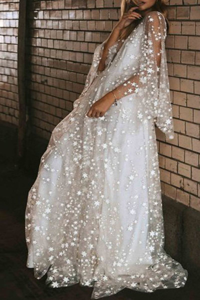 The stars Sequins See-through O Neck Evening Dress Dresses White