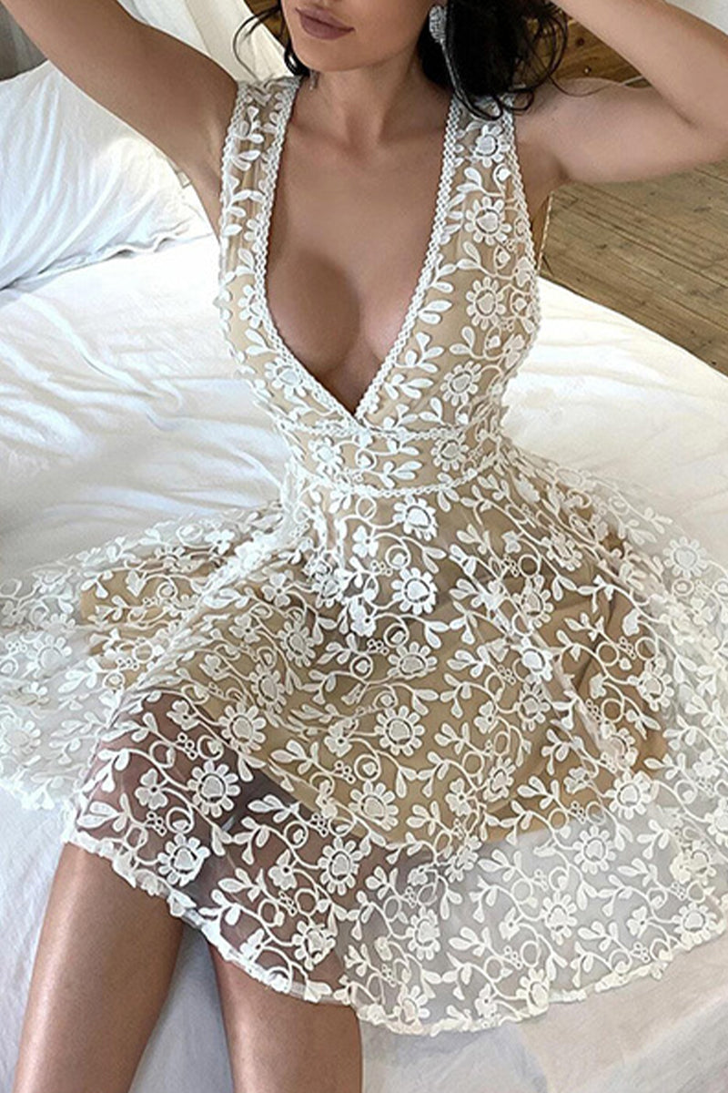 Sexy Solid Patchwork V Neck Princess Dresses White