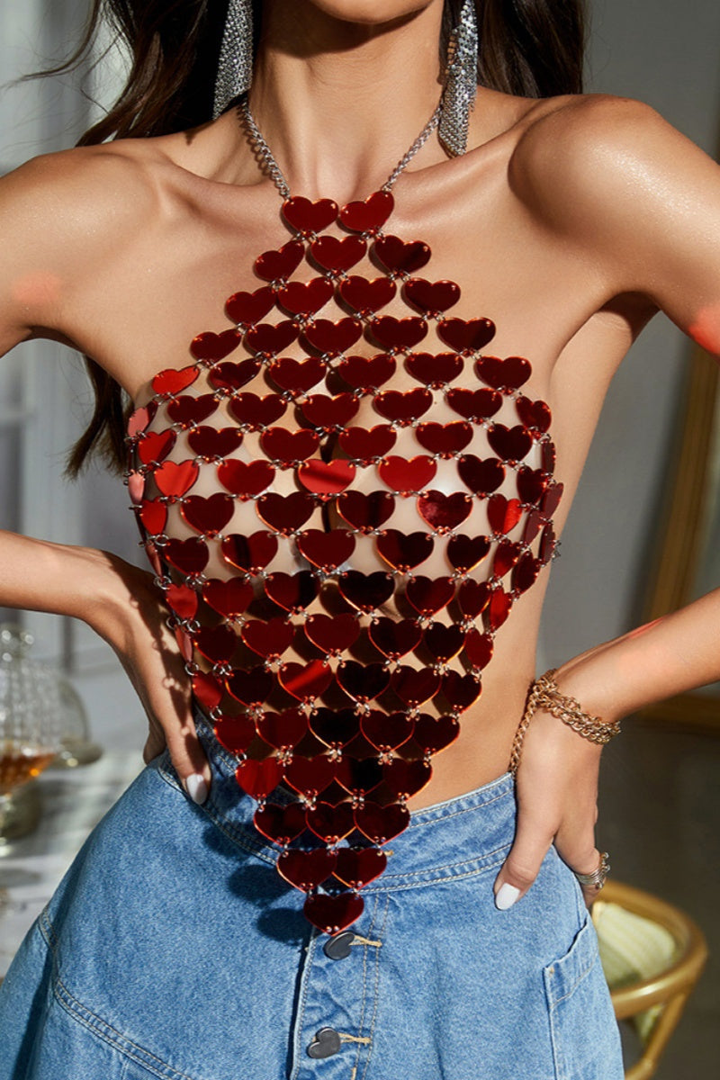 Sexy Heart Shaped Patchwork Chains Backless Halter Tops