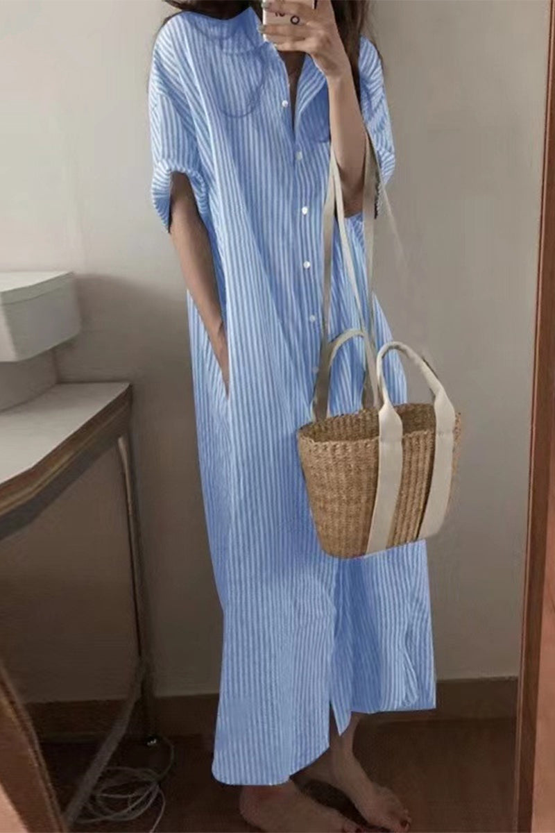 Casual Striped Pocket POLO collar Shirt Dress Dresses Sky Blue