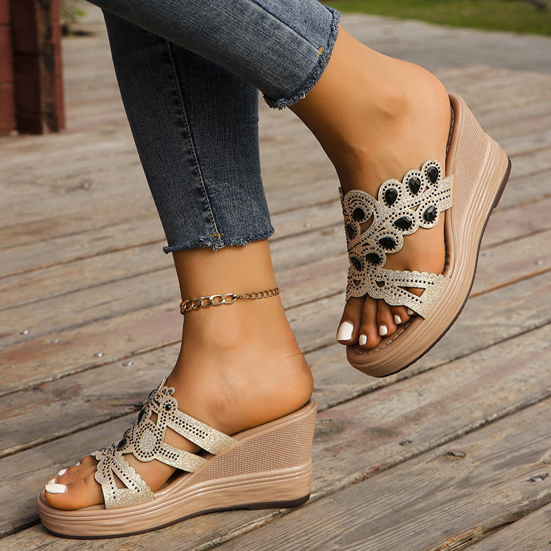 Casual Hollowed Out Patchwork Rhinestone Fish Mouth Out Door Wedges Shoes (Heel Height 3.15in)