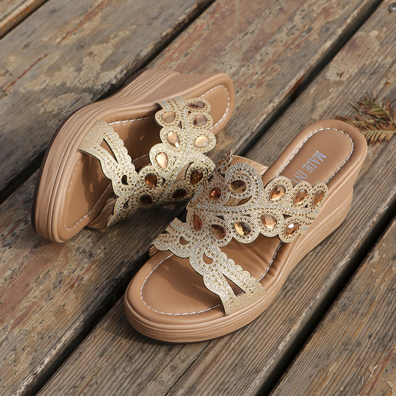 Casual Hollowed Out Patchwork Rhinestone Fish Mouth Out Door Wedges Shoes (Heel Height 3.15in)