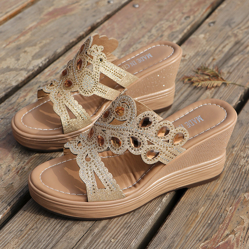 Casual Hollowed Out Patchwork Rhinestone Fish Mouth Out Door Wedges Shoes (Heel Height 3.15in)