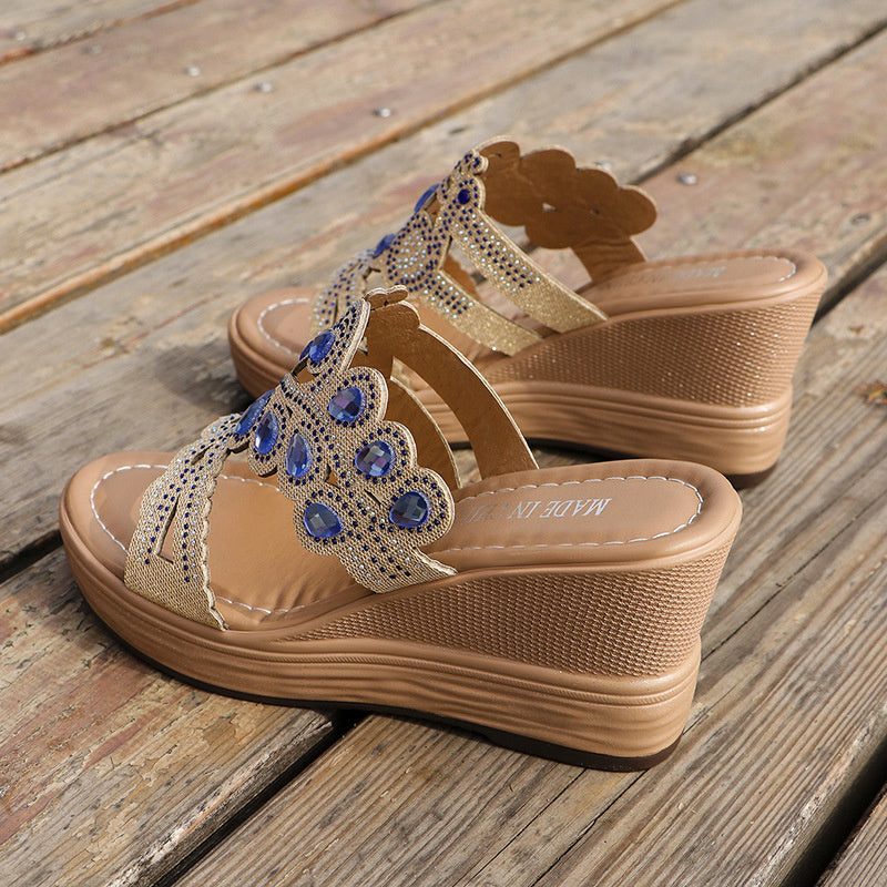 Casual Hollowed Out Patchwork Rhinestone Fish Mouth Out Door Wedges Shoes (Heel Height 3.15in)