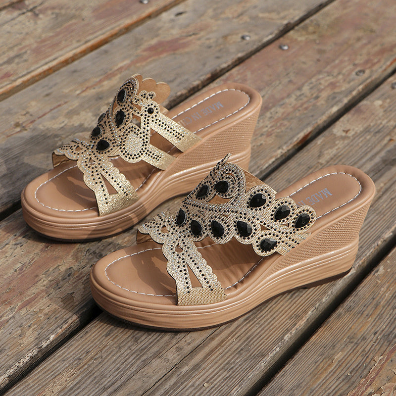 Casual Hollowed Out Patchwork Rhinestone Fish Mouth Out Door Wedges Shoes (Heel Height 3.15in)