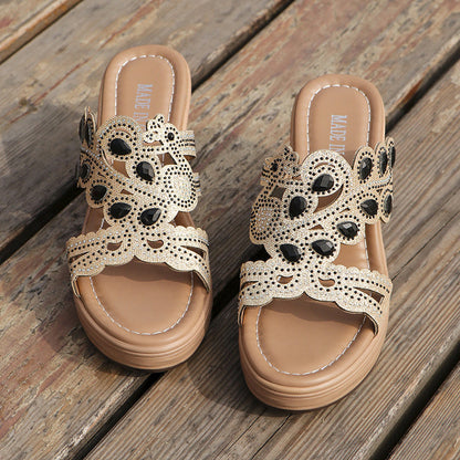 Casual Hollowed Out Patchwork Rhinestone Fish Mouth Out Door Wedges Shoes (Heel Height 3.15in)