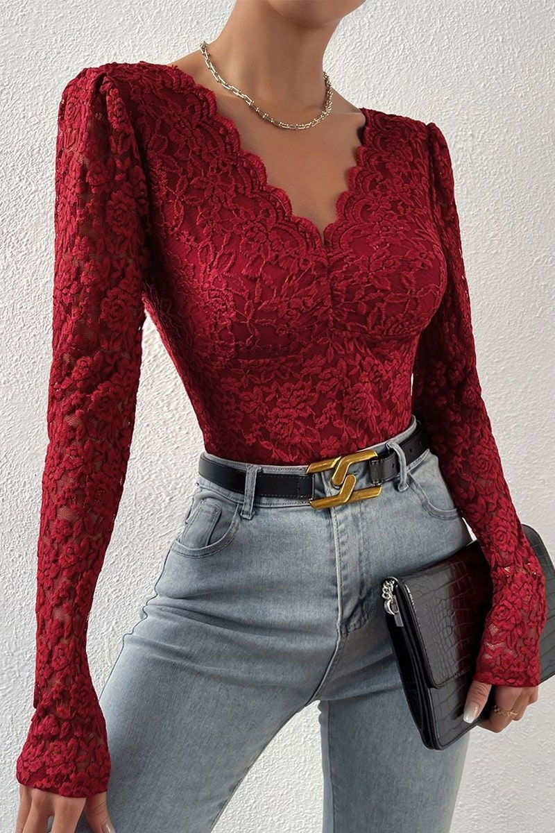 Sexy Solid Patchwork See-through Backless V Neck Skinny Bodysuits Burgundy