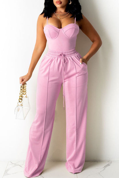 Sexy Casual Solid Vests Pants Spaghetti Strap Sleeveless Two Pieces Pink