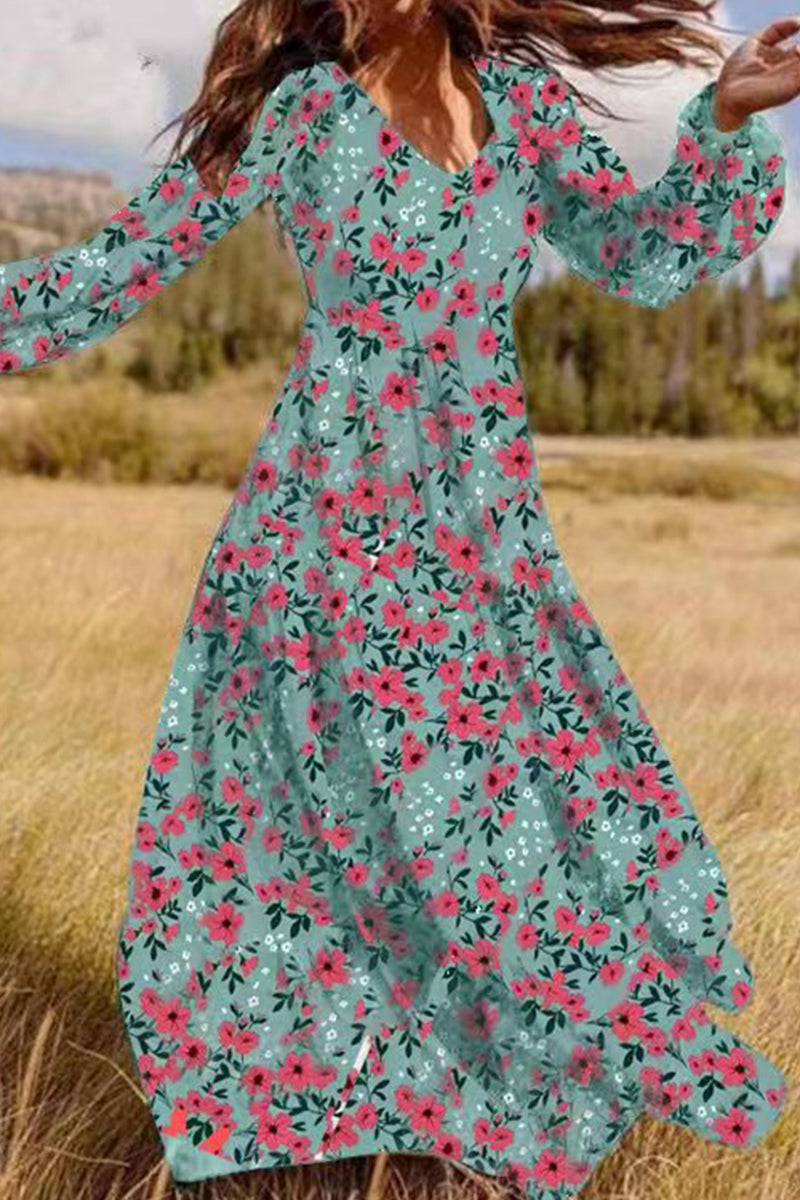 Elegant Floral Patchwork V Neck Printed Dress Dresses(5 Colors) Turquoise