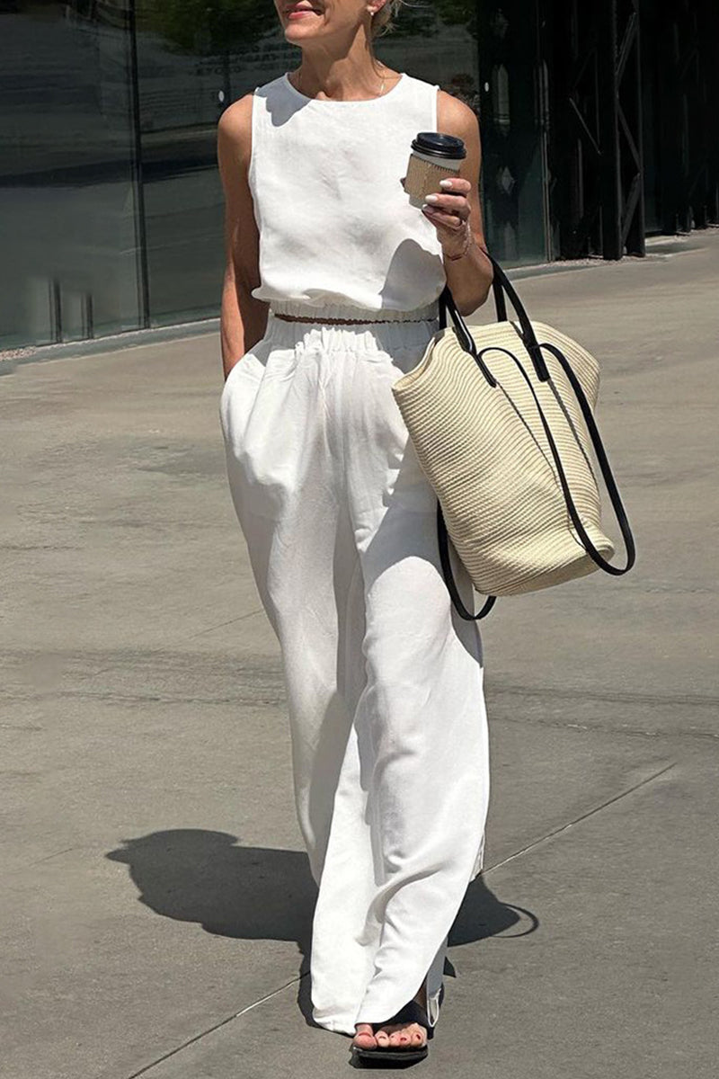 Casual Simplicity Solid Pocket Slit O Neck Sleeveless Two Pieces White